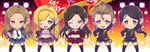  arm_up black_hair black_legwear black_neckwear blonde_hair blue_eyes brown_eyes brown_hair chibi commentary_request enjin eyebrows eyebrows_visible_through_hair fujimoto_rina green_eyes hairband hand_on_hip idolmaster idolmaster_cinderella_girls idolmaster_cinderella_girls_starlight_stage katsuma_rei kimura_natsuki long_hair long_sleeves looking_at_viewer matsunaga_ryou midriff mukai_takumi multiple_girls necktie one_eye_closed open_mouth short_sleeves smile yamato_aki 