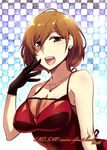  bare_shoulders black_gloves breasts brown_hair caffein cleavage commentary_request dress gloves large_breasts looking_at_viewer meiko open_mouth short_hair smile solo vocaloid 