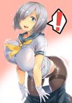  1girl absurdres black_legwear blue_eyes breasts gloves hair_ornament hair_over_one_eye hairclip hamakaze_(kantai_collection) highres kantai_collection large_breasts leaning_forward looking_at_viewer neckerchief open_mouth pantyhose pokkora school_uniform serafuku short_hair short_sleeves silver_hair skirt skirt_pull solo spoken_exclamation_mark surprised sweat thighband_pantyhose unaligned_breasts undressing white_gloves yellow_neckwear 