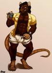  abs alcohol anthro beverage biceps bulge cerezo clothed clothing erection erection_under_clothes mammal muscular open_shirt rat rodent smile smirk whiskey yellow_eyes 