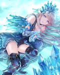  :o bangs bare_shoulders black_legwear blue_dress blue_eyes blunt_bangs crystal detached_sleeves dress erin_(granblue_fantasy) granblue_fantasy lips long_hair lying myusha on_side open_mouth pointy_ears silver_hair solo sparkle thighhighs thighs 