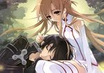  1girl absurdres asuna_(sao) bare_shoulders black_hair brown_eyes brown_hair closed_eyes couple detached_sleeves downscaled end_card hetero highres itou_noiji kirito lap_pillow md5_mismatch official_art resized scan sleeping sword_art_online 