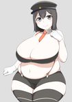  akitsu_maru_(kantai_collection) between_breasts big_belly black_eyes black_hair black_legwear blush bra breasts fat fat_folds gigantic_breasts gloves hat jacket kantai_collection magure_senshi military_hat navel necktie necktie_between_breasts no_jacket obese sagging_breasts shorts smile solo strapless strapless_bra suspenders thighhighs underwear undressing white_gloves wide_hips 