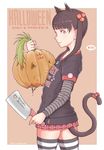  ? a_kun cat_girl child closed_mouth cowboy_shot flat_chest hair_bobbles hair_ornament halloween heart holding meat_cleaver original pumpkin shiny shiny_hair smile standing striped_legwear tail thighhighs twintails 