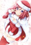  1girl artist_request blush breasts christmas christmas_hat christmas_outfit cleavage costume dress female hat highres love_live!_school_idol_project maou_kyuu nishikino_maki purple_eyes red_hair red_legwear red_thighhighs short_hair smile solo thighhighs v zettai_ryouiki 