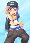  backpack bag baseball_cap beater black_hair blue_background capri_pants hat male_focus pants pokemon pokemon_(game) pokemon_sm red_eyes simple_background smile solo you_(pokemon) z-move z-ring 