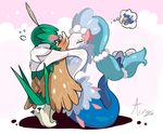  blue_eyes blue_hair blush closed_eyes commentary decidueye embarrassed feathered_wings fins flying_sweatdrops gen_7_pokemon hood hug kumichi leaf long_hair no_humans open_mouth owl pink_nose pokemon pokemon_(creature) popplio primarina rowlet smile starfish_hair_ornament sweatdrop tail tail_fin talons thought_bubble wings 
