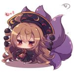 black_dress blonde_hair blush chibi dress fox_tail hat junko_(touhou) long_hair multiple_tails muuran purple_hair red_eyes signature sleeves_past_wrists solo tail touhou translation_request very_long_hair 