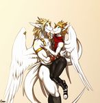  angel_dragon anthro cerezo clothed clothing dragon duo father father_and_son feathered_wings feathers happy male parent scalie siegfried size_difference smile son topless wings 