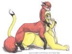  1999 all_fours blonde_hair breasts chakat chakona_space cougar doggystyle duo eyes_closed feline foxtaur from_behind_position fur garrek goldfur hair intersex intersex/male male mammal mayra_boyle nipples penis red_fur sex simple_background taur white_background 