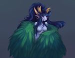  avian blue_hair breasts eyelashes feathered_wings feathers featureless_breasts female green_feathers grey_background hair harpy nude oksara purple_eyes simple_background smile solo wings 