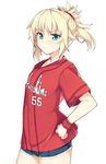  :&lt; alternate_costume aqua_eyes baseball_uniform blonde_hair blue_shorts braid casual closed_mouth clothes_writing cowboy_shot denim denim_shorts fate/apocrypha fate_(series) hand_on_hip haruyuki_(yukichasoba) hiroshima_touyou_carp looking_at_viewer mordred_(fate) mordred_(fate)_(all) nippon_professional_baseball ponytail red_scrunchie red_shirt scrunchie shirt short_shorts short_sleeves shorts simple_background solo sportswear v-shaped_eyebrows white_background wristband 