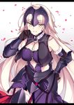  armor black_gloves blonde_hair breasts chain cleavage commentary_request elbow_gloves fate/grand_order fate_(series) gloves hand_on_hip haruyuki_(yukichasoba) helmet huge_breasts jeanne_d'arc_(alter)_(fate) jeanne_d'arc_(fate)_(all) long_hair looking_at_viewer petals smile solo thighhighs yellow_eyes 