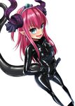  :d ayuayu_(shouyu_no_sato) black_bodysuit black_ribbon blue_eyes blush bodysuit bodysuit_pull breasts clothes_pull commentary_request curled_horns dragon_tail elizabeth_bathory_(brave)_(fate) elizabeth_bathory_(fate)_(all) fang fate/grand_order fate_(series) foreshortening hair_ribbon hairband horns latex long_hair looking_at_viewer looking_to_the_side open_mouth pink_hair pointy_ears pulled_by_self ribbon shoes sidelocks silver_trim small_breasts smile solo spiked_shoes spikes tail tiara two_side_up white_background 