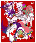  animal_ears aqua_eyes arm_behind_head basket bat blood blood_splatter blood_stain candy cloak dixie_cup_hat food green_eyes hair_bobbles hair_ornament hat heart higashikata_jousuke_(jojolion) highres hirose_yasuho index_finger_raised jack-o'-lantern jojo_no_kimyou_na_bouken jojolion kemonomimi_mode lipstick lollipop makeup military_hat one_eye_closed open_mouth paisley_park_(stand) paws pink_hair pink_lipstick purple_hair sailor sen_no_ki skirt smile soft_&amp;_wet stand_(jojo) tail thighhighs tooth_gap wings wolf_ears wolf_tail 