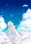  back blue_sky cloud cloudy_sky cosmicsnic day detached_sleeves elf emilia_(re:zero) from_behind highres long_hair petals pointy_ears re:zero_kara_hajimeru_isekai_seikatsu sitting sky smile solo white_hair wind 