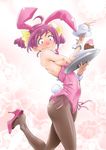  ahoge animal_ears black_legwear blush breasts bunny_ears bunny_tail bunnysuit cake closed_mouth cup double_bun eunos fake_animal_ears food highres hoshizora_miyuki leotard nipples pantyhose pink_footwear pink_hair pink_leotard precure shoes short_hair small_breasts smile_precure! solo tail tea teacup wavy_mouth 