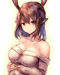  animal_ears antlers bangs bare_shoulders borrowed_character breasts brown_eyes brown_hair cleavage collarbone highres large_breasts looking_at_viewer off-shoulder_sweater original shiny shiny_hair simple_background sketch smile solo sukemyon sweater upper_body white_sweater 