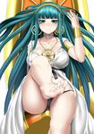  aqua_hair armlet bangs bare_legs barefoot black_panties blunt_bangs blush bracelet breasts choker cleopatra_(fate/grand_order) closed_mouth collarbone commentary_request dress earrings fate/grand_order fate_(series) feet foreshortening frown green_eyes green_hair hairband highres hitotsuki_nebura jewelry large_breasts leg_up long_hair looking_at_viewer necklace panties ringed_eyes sidelocks solo sweat toes underwear very_long_hair white_dress 