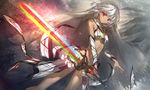  altera_(fate) bare_shoulders chocoan dark_skin detached_sleeves fate/grand_order fate_(series) full_body_tattoo holding holding_sword holding_weapon looking_at_viewer midriff photon_ray purple_eyes short_hair solo sword tattoo veil weapon white_hair 