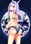  1girl artist_request ass bikini blue_eyes blush breasts butt_crack dodonpachi dodonpachi_saidaioujou earth from_behind hairband long_hair looking_at_viewer looking_back maria_(saidaioujou) shiny shiny_hair shiny_skin sideboob silver_hair solo swimsuit 