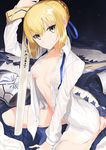  ahoge armor_removed artoria_pendragon_(all) ass blonde_hair bottomless breasts dress dress_removed dress_shirt excalibur fate/stay_night fate_(series) green_eyes holding holding_sword holding_weapon looking_at_viewer medium_breasts miruto_netsuki naked_shirt navel no_bra no_panties open_clothes saber seiza sheath shirt sitting solo sword weapon 