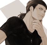  black_hair chin_stroking closed_mouth curry_gohan facial_hair from_below from_side fuyushima_shinji jewelry light_particles looking_at_viewer low_ponytail male_focus pendant shade shirt solo stubble t-shirt upper_body world_trigger younger 