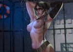  1girl areolae armpits arms_up artist_name breasts brown_hair eva_solo female large_breasts looking_at_viewer metal_gear_(series) metal_gear_solid_v midriff nipples parted_lips quiet_(metal_gear) shower solo strap suspenders wet 