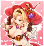  adjusting_clothes adjusting_hat aqua_eyes bandeau beatrix_(granblue_fantasy) beatrix_(granblue_fantasy)_(cosplay) black_gloves blonde_hair blush braid breasts closed_mouth cosplay detached_sleeves eyebrows eyebrows_visible_through_hair gloves granblue_fantasy hair_intakes hairband halloween halloween_costume hat large_breasts long_hair long_sleeves navel nokinhizadati outline red_hat solo star striped twin_braids twintails witch_hat zeta_(granblue_fantasy) 