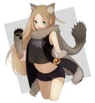  animal_ears bangs black_shorts blue_eyes breasts brown_hair crop_top crop_top_overhang cropped_legs curry_gohan eyelashes fang fur_trim gloves halloween heart heart_in_mouth highres jack-o'-lantern konami_kirie light_brown_hair long_hair looking_at_viewer medium_breasts midriff paw_gloves paws scarf shorts sleeveless solo sparkle square stomach tail thigh_gap very_long_hair white_background wolf_ears wolf_tail world_trigger 