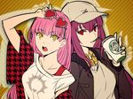  baseball_cap brand_name_imitation collared_shirt contemporary drinking_straw eyewear_on_head fate/grand_order fate_(series) hat highres jacket long_hair medb_(fate)_(all) medb_(fate/grand_order) multiple_girls open_mouth pink_hair purple_hair red_eyes scathach_(fate)_(all) scathach_(fate/grand_order) shimo_(s_kaminaka) shirt smile spartacus_(fate) sunglasses teeth yellow_eyes 