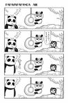  4koma :3 animal_costume bamboo bkub comic greyscale hair_ornament hair_scrunchie honey_come_chatka!! komikado_sachi looking_at_viewer monochrome multiple_girls one_side_up panda panda_costume scrunchie side_ponytail simple_background sweatdrop tayo tire translated 