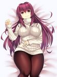  beeyan breasts fate/grand_order fate_(series) highres large_breasts long_hair looking_at_viewer lying on_back pantyhose purple_hair red_eyes ribbed_sweater scathach_(fate)_(all) scathach_(fate/grand_order) smile solo sweater turtleneck 