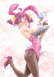  :p ahoge animal_ears black_legwear blush breasts bunny_ears bunny_tail bunnysuit cake cup double_bun eunos fake_animal_ears food highres hoshizora_miyuki leotard nipples pantyhose pink_footwear pink_hair pink_leotard precure shoes short_hair small_breasts smile_precure! solo tail tea teacup tongue tongue_out 