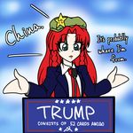  braid business_suit donald_trump english formal hammer_and_sickle hat hidemaru-kyu hong_meiling long_hair necktie parody politician politics red_hair star suit touhou 