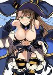  &gt;:) adjusting_clothes bangs bare_shoulders beatrix_(granblue_fantasy) bent_over black_gloves blue_hat blush breasts brown_hair cleavage detached_collar detached_sleeves eyebrows eyebrows_visible_through_hair gloves granblue_fantasy green_eyes grin halloween halloween_costume hand_on_hip hat large_breasts leaning_forward long_hair long_sleeves navel no_nose nose_blush simple_background sketch smile solo striped striped_legwear thighhighs tooya_daisuke v-shaped_eyebrows white_background wide_sleeves witch_hat 