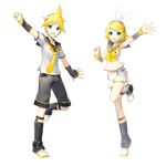  1girl aqua_eyes blonde_hair boots bow detached_sleeves full_body hand_up headphones highres ixima kagamine_len kagamine_len_(vocaloid4) kagamine_rin kagamine_rin_(vocaloid4) necktie official_art open_mouth sailor_collar short_hair shorts smile standing standing_on_one_leg transparent_background v4x vocaloid 