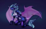  anthro blue_eyes blue_hair breasts dragon eyelashes featureless_breasts female fur hair looking_at_viewer membranous_wings oksara purple_background rubber simple_background solo tail_hair white_fur wide_hips wings 