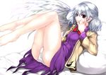  absurdres bare_legs barefoot bean_bag_chair bow bowtie brooch closed_mouth dress feathered_wings from_side highres jacket jewelry kishin_sagume knees_up long_sleeves looking_at_viewer looking_to_the_side lying on_back open_clothes open_jacket panties pantyshot pantyshot_(lying) purple_dress red_bow red_eyes red_neckwear short_dress silver_hair single_wing smile solo sudako_(dai011305) touhou underwear white_panties white_wing wings 