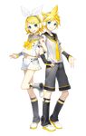  1girl aqua_eyes arm_hug blonde_hair boots bow closed_mouth detached_sleeves fortissimo full_body headphones highres ixima kagamine_len kagamine_len_(vocaloid4) kagamine_rin kagamine_rin_(vocaloid4) navel necktie official_art open_mouth sailor_collar short_hair shorts skirt smile standing standing_on_one_leg transparent_background v4x vocaloid 