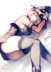  artist_name ass bare_shoulders bismarck_(kantai_collection) blonde_hair blue_eyes breasts elbow_gloves gloves grey_gloves grey_legwear hat kantai_collection kyouya_(mukuro238) large_breasts long_hair looking_at_viewer lying on_bed on_side open_mouth peaked_cap sideboob solo thighhighs 