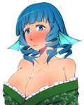  bangs bare_shoulders blue_eyes blue_hair blunt_bangs blush breasts cleavage collarbone colored_eyelashes commentary_request drill_hair full-face_blush head_fins japanese_clothes kimono large_breasts mamedenchi off_shoulder solo touhou wakasagihime wet 