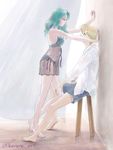  aqua_hair assertive bare_legs barefoot bishoujo_senshi_sailor_moon black_bra black_panties blonde_hair blue_shorts bra chair from_side full_body haruko-kaimori highres kaiou_michiru lingerie multiple_girls panties reverse_trap see-through shirt short_hair shorts sitting standing ten'ou_haruka underwear underwear_only very_short_hair wall_slam watermark white_shirt yuri 