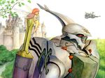  80s aircraft ass boots castle cham_fau colored_pencil_(medium) dunbine fairy fantasy flying forest head izubuchi_yutaka leaf long_hair mecha nature official_art oldschool orange_hair promotional_art river scan science_fiction seisenshi_dunbine space_craft sword traditional_media weapon 