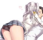  1girl ass black_eyes black_hair black_panties blue_skirt breasts buttons constricted_pupils epaulettes from_behind heart highres kantai_collection kashima_(kantai_collection) leaning_forward long_hair long_sleeves md5_mismatch medium_breasts military military_uniform miniskirt naval_uniform neit_ni_sei no_headwear panties pantyshot pantyshot_(standing) pleated_skirt shiny shiny_skin short_twintails silver_hair simple_background skirt standing surprised sweat thighs twintails underwear uniform upskirt white_background 