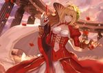  aestus_domus_aurea aestus_estus ahoge architecture bangs blonde_hair blurry breasts cape cleavage cleavage_cutout closed_mouth cloud cloudy_sky collarbone colonnade column commentary_request covered_navel cowboy_shot depth_of_field dress epaulettes fate/extra fate/grand_order fate_(series) finger_armor_ring gloves greco-roman_architecture hair_intakes hand_up holding holding_sword holding_weapon jacky5493 juliet_sleeves laurel_crown light_smile long_sleeves looking_at_viewer meandros medium_breasts navel nero_claudius_(fate) nero_claudius_(fate)_(all) outdoors petals pillar puffy_sleeves red_dress rose_petals see-through sky solo sword weapon white_cape white_gloves yellow_eyes 
