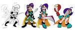  angry black_boots cape claws clothing ear_piercing female green_boots green_clothes hair kac melee_weapon mighty_magiswords not_furry piercing purple_eyes purple_hair smile sword vambre weapon yellow_headband 