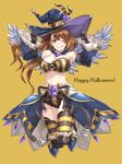  &gt;:) ;) ;p absurdres bandeau bangs bare_shoulders beatrix_(granblue_fantasy) black_gloves black_ribbon blue_hat blush breasts brown_hair cleavage closed_mouth detached_collar detached_sleeves frilled_shorts frills gloves granblue_fantasy green_eyes hair_between_eyes halloween halloween_costume happy_halloween hat highres large_breasts long_hair long_sleeves looking_at_viewer michihasu navel one_eye_closed orange_background ribbon short_shorts shorts showgirl_skirt simple_background smile solo striped striped_legwear thighhighs tongue tongue_out v-shaped_eyebrows wide_sleeves witch_hat 