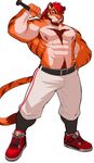  2016 5_fingers abs anthro armpit_hair armpits baseball_(sport) baseball_bat baseball_uniform beard belt biceps big_muscles brown_fur brown_stripes brown_tail claws clothed clothing digital_media_(artwork) drks facial_hair feline footwear full-length_portrait fur hair hand_on_hip hi_res holding_object male mammal manly multicolored_fur muscular muscular_male nipples orange_fur orange_tail pants pecs pink_nipples pink_nose portrait pose red_eyes red_hair shoes solo sport standing striped_fur striped_tail stripes tiger topless two_tone_tail uniform white_fur 