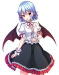  adapted_costume bat_wings black_skirt blouse blue_hair blush cowboy_shot fang frilled_skirt frills head_tilt junior27016 looking_at_viewer no_hat no_headwear open_mouth pointy_ears puffy_short_sleeves puffy_sleeves red_eyes remilia_scarlet short_hair short_sleeves simple_background skirt solo touhou white_background white_blouse wings wrist_cuffs 